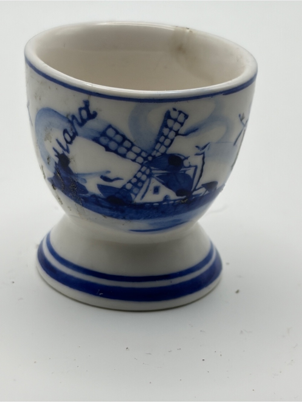 Vintage Delft Style Blue Hand Painted Ceramic Egg Cup Windmill Floral 1 1/2”